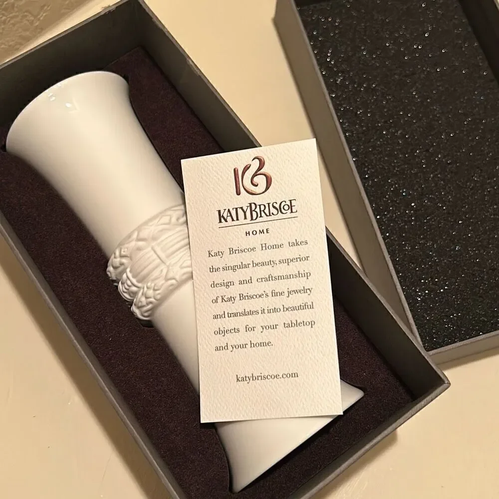 New in box Katy Briscoe Home Bone China White Bisque Small Vase 7.5”  Giftable